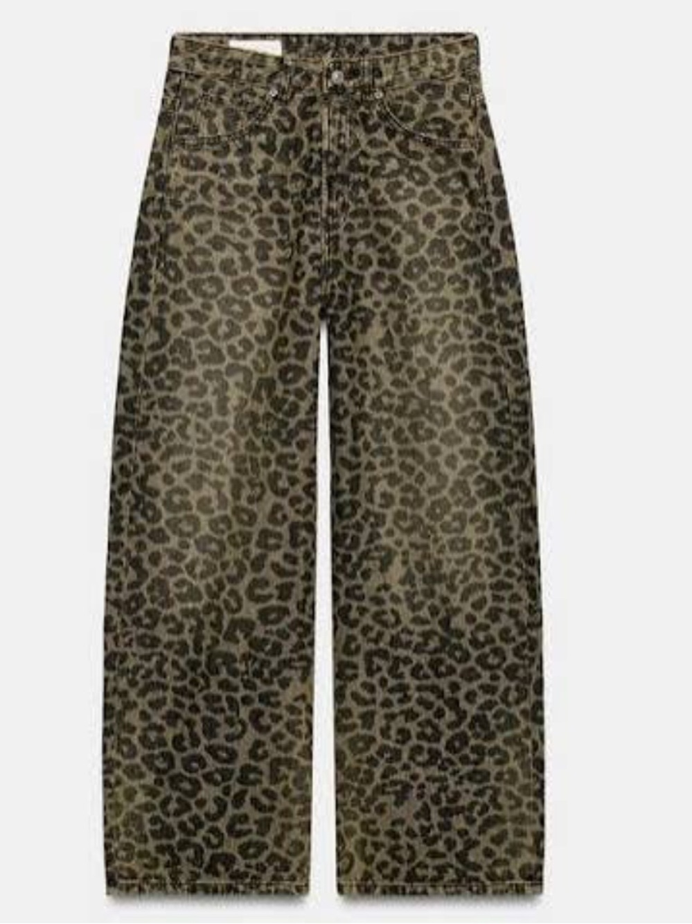 Zara Olive Green Leopard Print Wide Leg Jeans